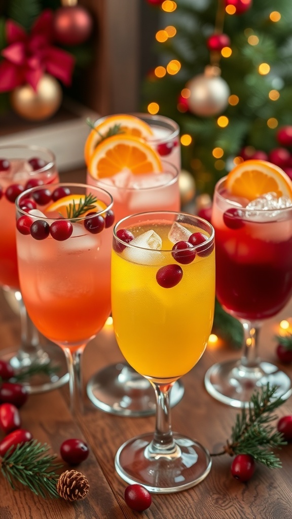 Festive Christmas Cocktails Without Vodka Colorful Christmas cocktails garnished with cranberries and orange slices on a festive table.